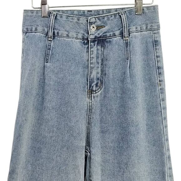 High Rise Pleated Denim Ankle Crop Raw Hem Denim Jeans Light Blue Sz 6 - Picture 2 of 5